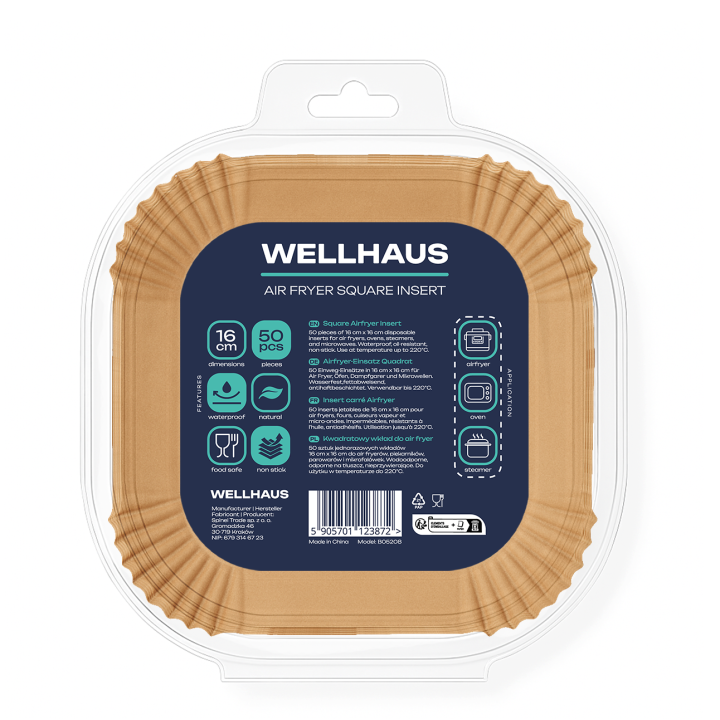 6x WELLHAUS Wkład do frytkownicy Air Fryer Kwadrat 16x16 cm x50sztuk