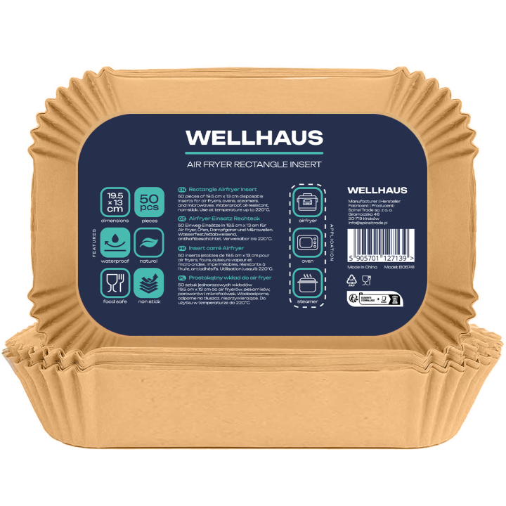WELLHAUS Wkład do frytkownicy Air Fryer Prostokąt 19,5x13cm x50 sztuk