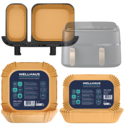 WELLHAUS Wkład do frytkownicy Air Fryer Kwadrat 20x20 cm x50sztuk + Wkład do frytkownicy Air Fryer Prostokąt 19,5x13cm x50 sztuk