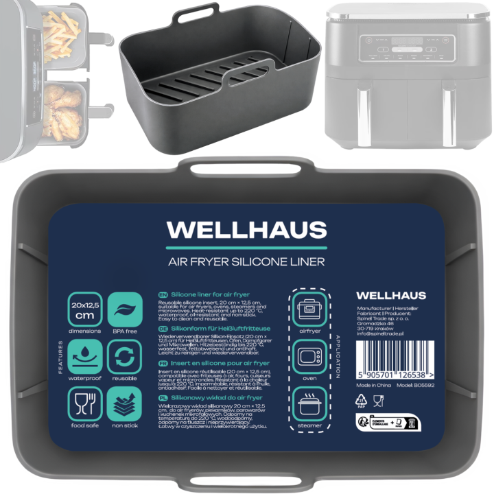 Wkład silikonowy do airfryer WELLHAUS 20 cm x 12,5 cm prostokątny szary
